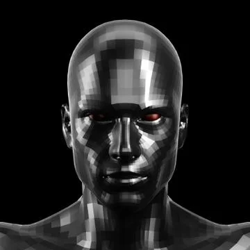 3D rendering. Faceted black robot face with red eyes looking front on camera. 库存插图