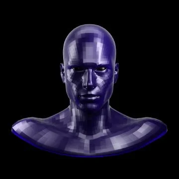 3D rendering. Faceted blue robot face with black eyes looking front on camera. 库存插图
