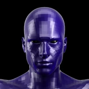 3D rendering. Faceted blue robot face with black eyes looking front on camera. Stock Illustration