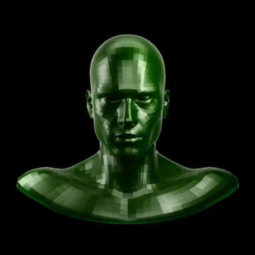 3D rendering. Faceted green robot face with green eyes looking front on camera. Stock Illustration