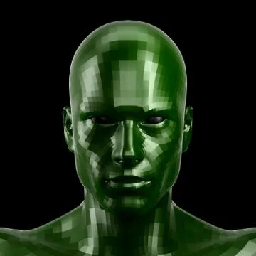 3D rendering. Faceted green robot face with black eyes looking front on camera. Stock Illustration