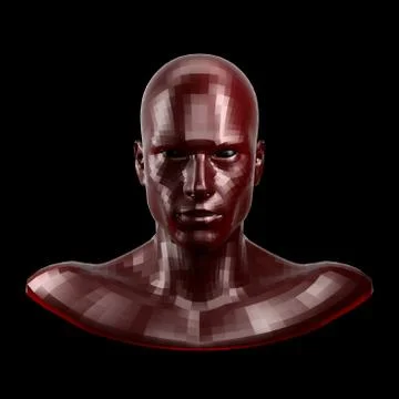 3D rendering. Faceted red robot face with black eyes looking front on camera. 库存插图