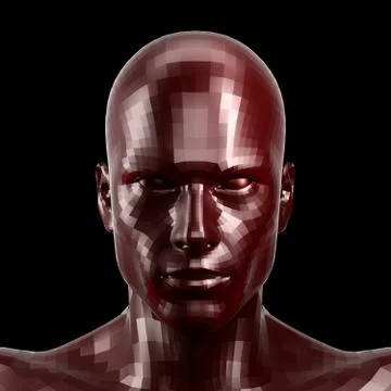 3D rendering. Faceted red robot face with red eyes looking front on camera. 库存插图