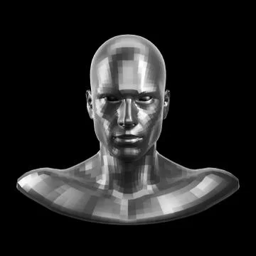 3D rendering. Faceted silver robot face with eyes looking front on camera Stock Illustration