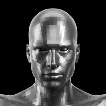 3D rendering. Faceted silver robot face with eyes looking front on camera Stock Illustration