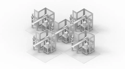 3D rendering of a factory assembly line worker dummy on a conveyor belt Stock Illustration