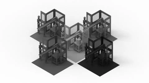 3D rendering of a factory assembly line worker dummy on a conveyor belt. 스톡 일러스트