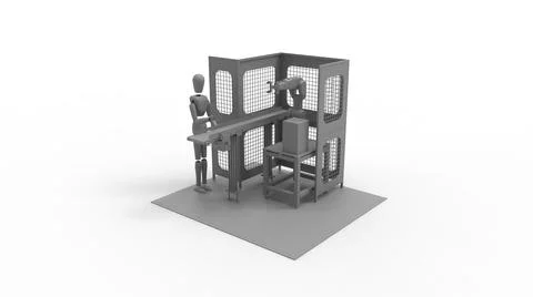 3D rendering of a factory assembly line worker dummy on a conveyor belt, with Stock Illustration