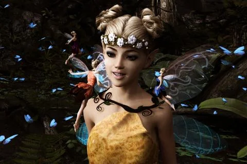 3d rendering of a fairies flying in magical forest Stock Illustration