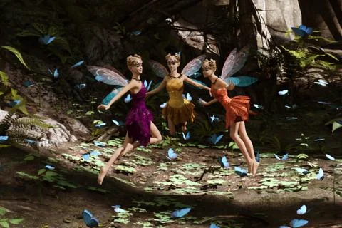3d rendering of a fairies flying in magical forest surrounded by flock butter Stock Illustration