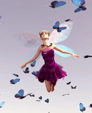 3d rendering of a fairy flying on the sky surrounded by flock butterflies Stock Illustration