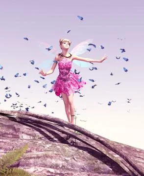 3d rendering of a fairy on a tree trunk on the sky Stock Illustration