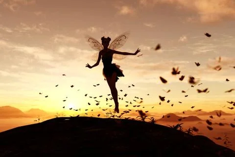 3d rendering of a fairy on a tree trunk on the sky of a sunset or sunrise sur Stock Illustration