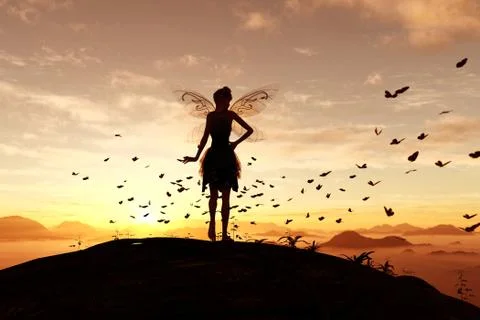 3d rendering of a fairy on a tree trunk on the sky of a sunset or sunrise sur Stock Illustration