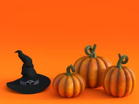 3D rendering of a fall pumpkin and witch hat greeting card. Illustrazione stock