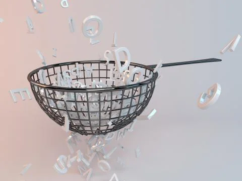 3d rendering of falling letters inside a metal pot Stock Illustration