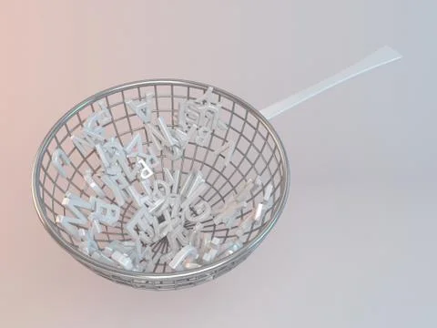 3d rendering of falling letters inside a metal pot Stock Illustration