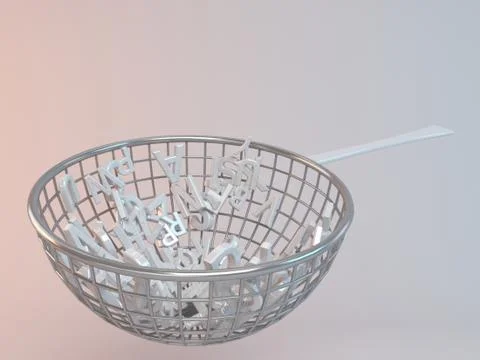 3d rendering of falling letters inside a metal pot Stock Illustration