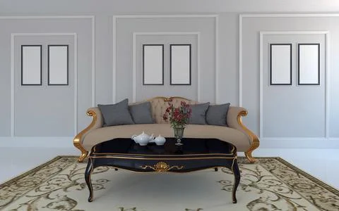 A 3D rendering of a fancy comfortable sofa near a black table in a room with  Stock Illustration