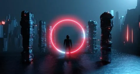 3D rendering fantastic scifi cyber reality. Alone man in helmet inside spac.. Иллюстрация