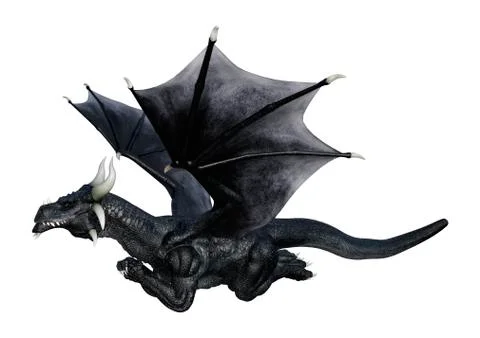3D Rendering Fantasy Black Dragon on White Stock Illustration