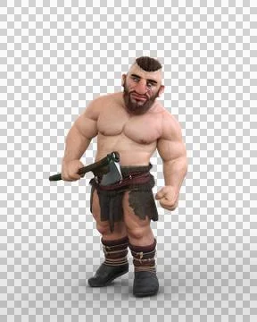 3D rendering of a fantasy Dwarf or babarian warrior character holding a battl Stock Illustration
