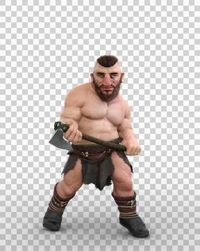 3D rendering of a fantasy Dwarf or babarian warrior character standing with a Stock Illustration