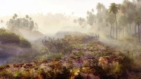A 3D rendering of a fantasy park covered in tropical plants and fog in the da Ilustración de archivo