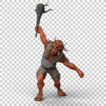 3D rendering of a fantasy Troll creature waving a large wooden club weapon is Stock Illustration
