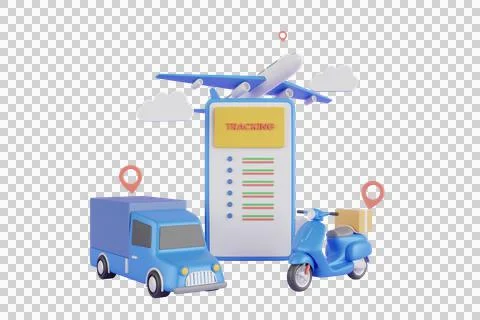 3d rendering of fast delivery service by truck, scooter, airplane. Illustrazione stock