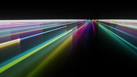 3D rendering of fast moving colorful lines glowing over a black light-reflecting Stock Footage 296282222