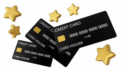 A 3D rendering of featuring a credit card and several gold stars Stock Illustration