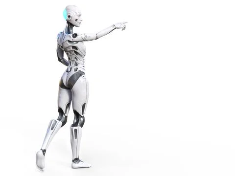 3D rendering of a female android pointing with white background. Stock Illustration
