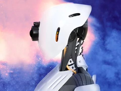 3D rendering of a female android robot head with space background. Stock Illustration