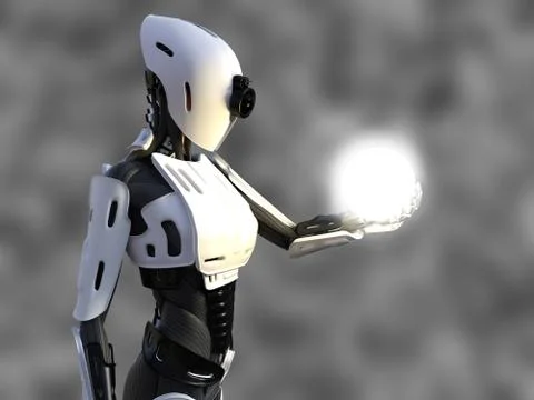 3D rendering of a female android robot holding energy sphere. Stock Illustration