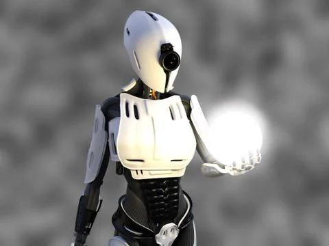 3D rendering of a female android robot holding energy sphere. Stock Illustration