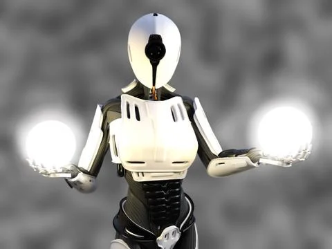3D rendering of a female android robot holding energy spheres. Stock Illustration