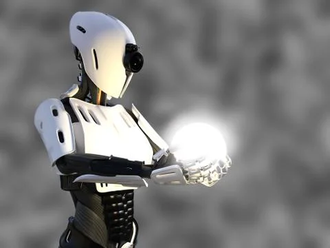 3D rendering of a female android robot holding energy sphere. Stock Illustration