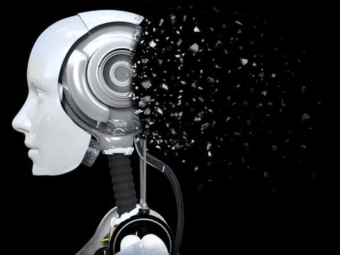 3D rendering of a female android robot head that shatters. Stock Illustration