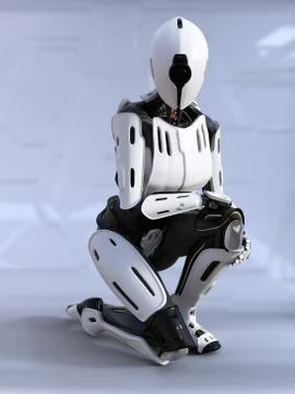 3D rendering of a female android robot crouching. Stock Illustration