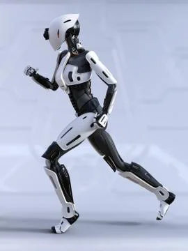 3D rendering of a female android robot running. Stock Illustration