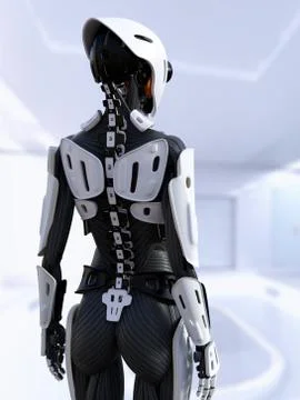 3D rendering of a female android robot with back against camera. Stock Illustration