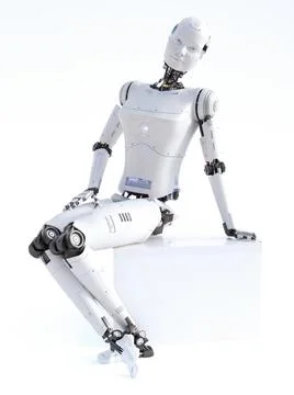 3D rendering of a female android robot sitting on a white cube. Stock Illustration