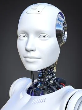 3D rendering of a female android robot head in front view. Illustrazione stock