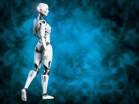 3D rendering of a female android with space background. Stock Illustration