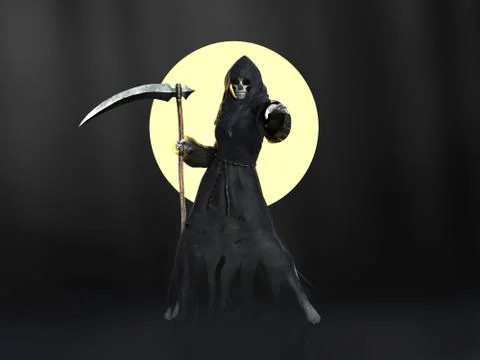 3D rendering of female reaper or witch against full moon. Illustrazione stock