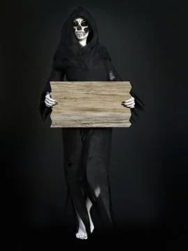 3D rendering of female reaper or witch holding blank sign. Stock Illustration