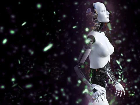 3D rendering of a female robot with bokeh light effect. Stock Illustration