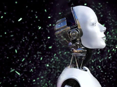 3D rendering of a female robot with bokeh light effect. Stock Illustration