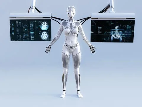 3D rendering of female robot connected to screens. Stock Illustration